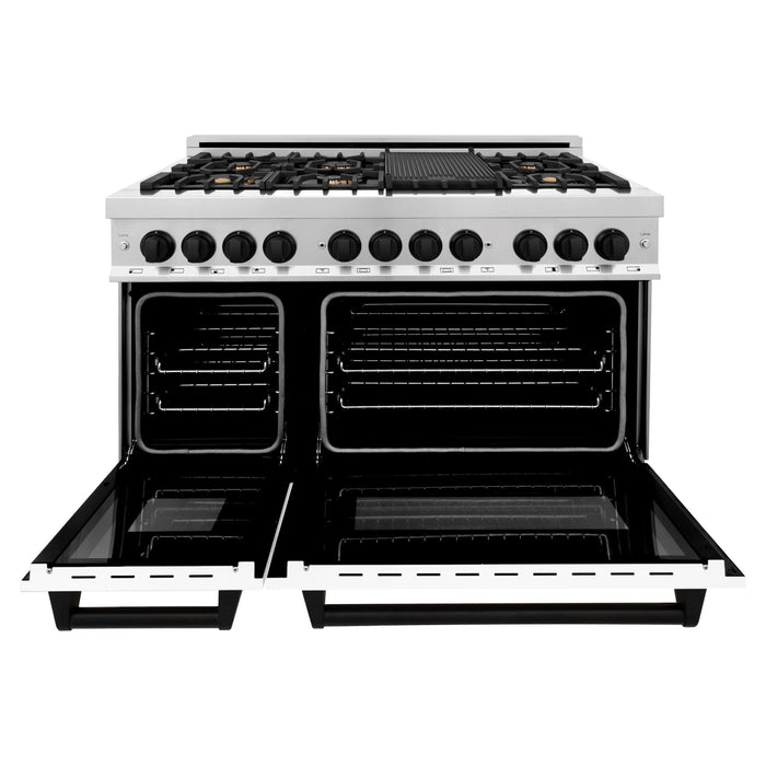 ZLINE Autograph Edition 48 in. 6.0 cu. ft. Range with Gas Stove and Electric Oven In Stainless Steel with White Matte Door and Matte Black Accents RAZ-WM-48-MB