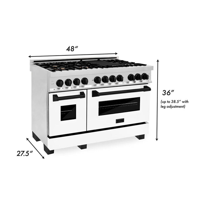 ZLINE Autograph Edition 48 in. 6.0 cu. ft. Range with Gas Stove and Electric Oven In Stainless Steel with White Matte Door and Matte Black Accents RAZ-WM-48-MB