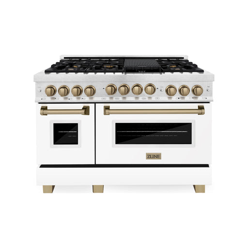 ZLINE Autograph Edition 48 in. Gas Range in DuraSnow® with White Matte Door and Champagne Bronze Accents, RGSZ-WM-48-CB