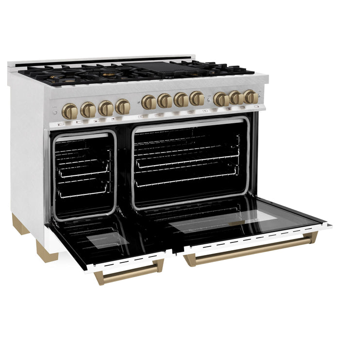 ZLINE Autograph Edition 48 in. Gas Range in DuraSnow® with White Matte Door and Champagne Bronze Accents, RGSZ-WM-48-CB