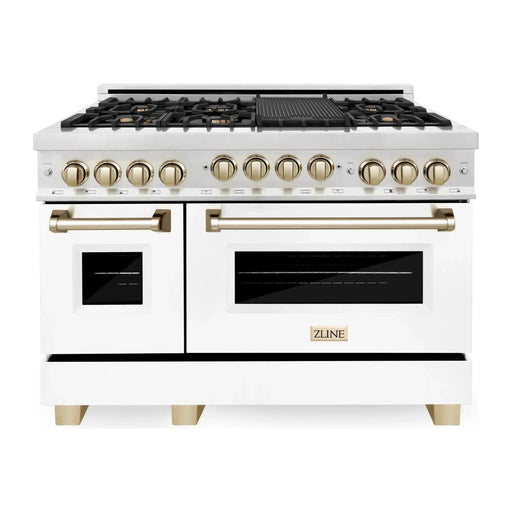 ZLINE Autograph Edition 48 in. Gas Range in DuraSnow® with White Matte Door and Gold Accents, RGSZ-WM-48-G