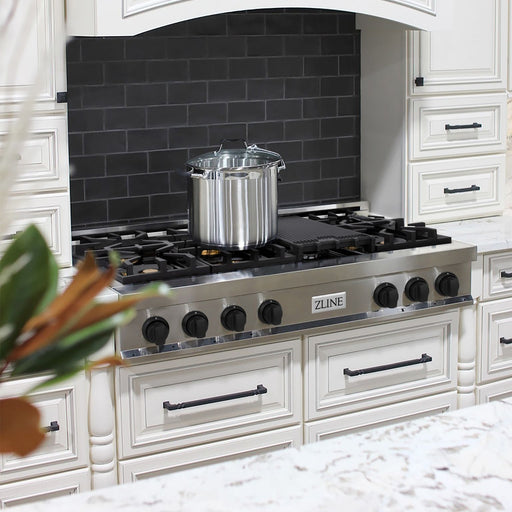 ZLINE Rangetops ZLINE Autograph Edition 48 in. Porcelain Rangetop with 7 Gas Burners In Stainless Steel and Matte Black Accents RTZ-48-MB