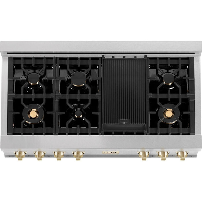 ZLINE Autograph Edition 48 In. Rangetop with 7 Gas Burners in DuraSnow® Stainless Steel and Champagne Bronze Accents, RTSZ-48-CB