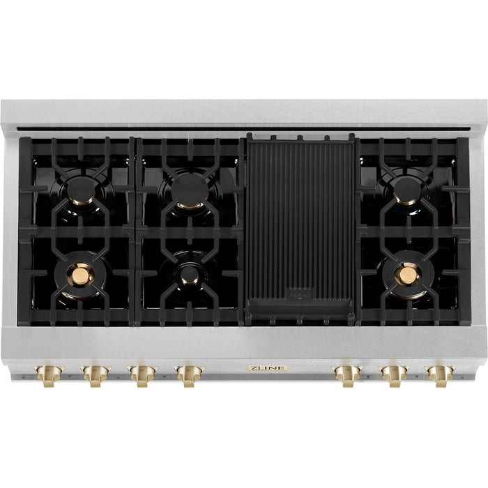 ZLINE Rangetops ZLINE Autograph Edition 48 In. Rangetop with 7 Gas Burners in DuraSnow® Stainless Steel and Champagne Bronze Accents, RTSZ-48-CB
