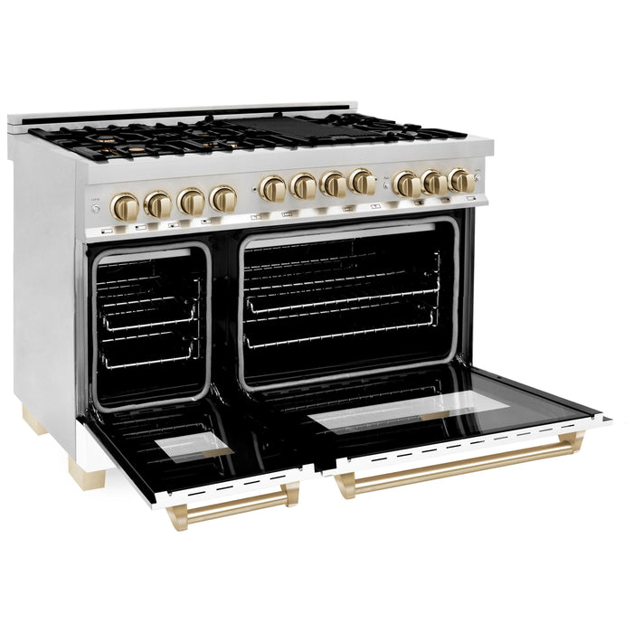 ZLINE Autograph Edition 48 Inch 6.0 cu. ft. Gas Range with White Matte Door and Gold Accents RGZ-WM-48-G