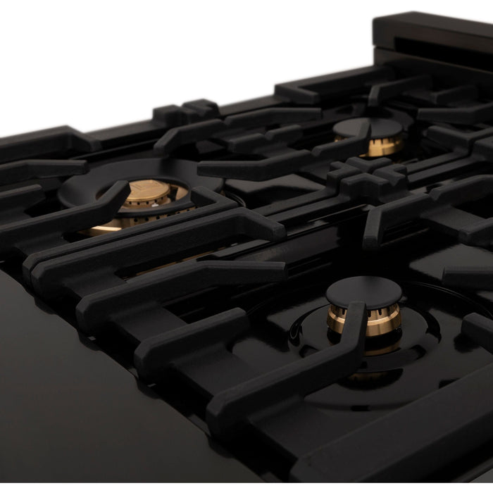 ZLINE Autograph Edition 48 Inch Porcelain Rangetop with 7 Gas Burners In Black Stainless Steel and Gold Accents RTBZ-48-G