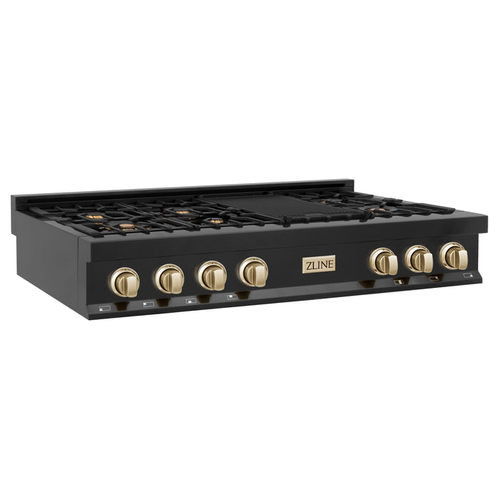 ZLINE Autograph Edition 48 Inch Porcelain Rangetop with 7 Gas Burners In Black Stainless Steel and Gold Accents RTBZ-48-G