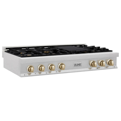 ZLINE Rangetops ZLINE Autograph Edition 48" Porcelain Rangetop with 7 Gas Burners In DuraSnow Stainless Steel and Gold Accents RTSZ-48-G
