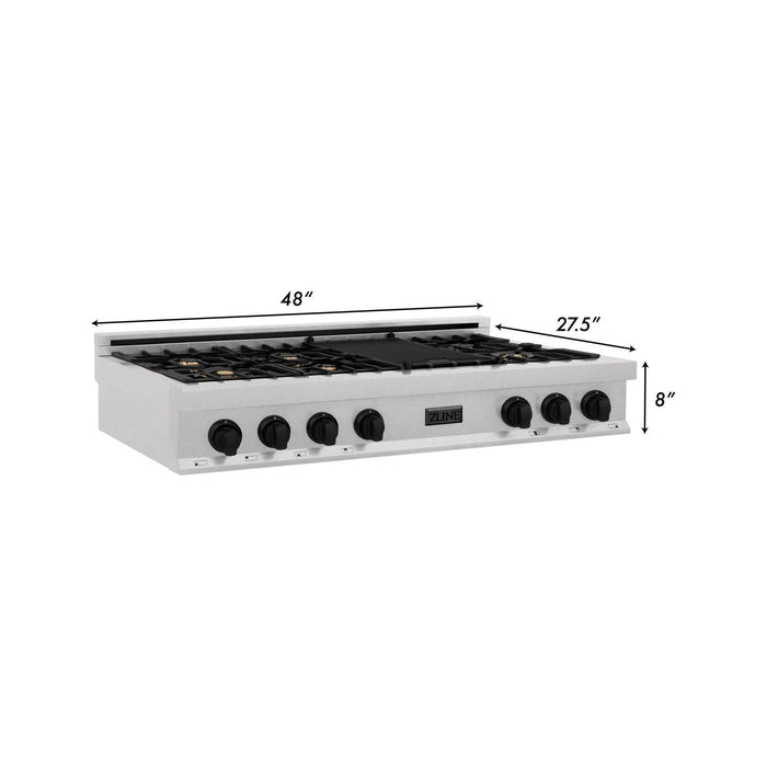 ZLINE Rangetops ZLINE Autograph Edition 48" Porcelain Rangetop with 7 Gas Burners In DuraSnow Stainless Steel and Matte Black Accents RTSZ-48-MB