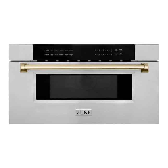 ZLINE Autograph Gold Package - 36 in. Rangetop, 36 in. Range Hood, Dishwasher, Refrigerator, Microwave Drawer, Wall Oven