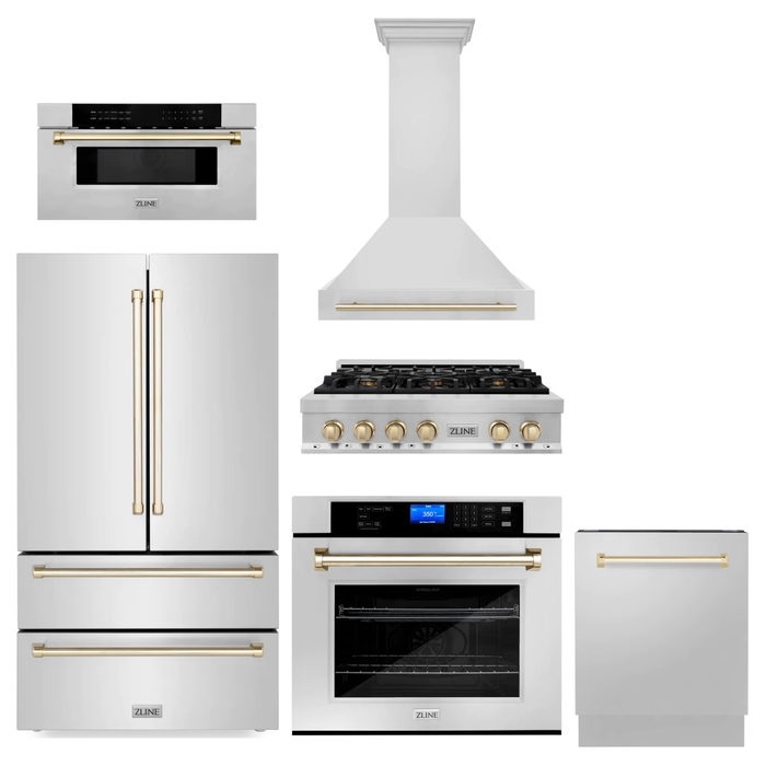 ZLINE Autograph Gold Package - 36 in. Rangetop, 36 in. Range Hood, Dishwasher, Refrigerator, Microwave Drawer, Wall Oven