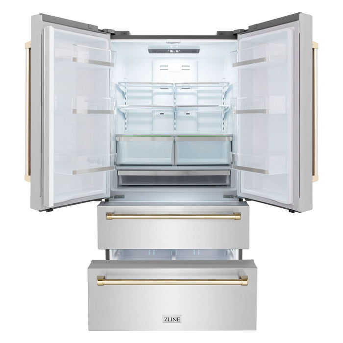 ZLINE Autograph Gold Package - 36 in. Rangetop, 36 in. Range Hood, Dishwasher, Refrigerator, Microwave Drawer, Wall Oven