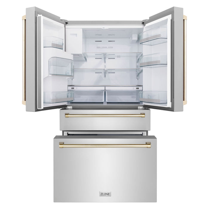 ZLINE Autograph Gold Package - 36 in. Rangetop, 36 in. Range Hood, Dishwasher, Refrigerator with External Water and Ice Dispenser