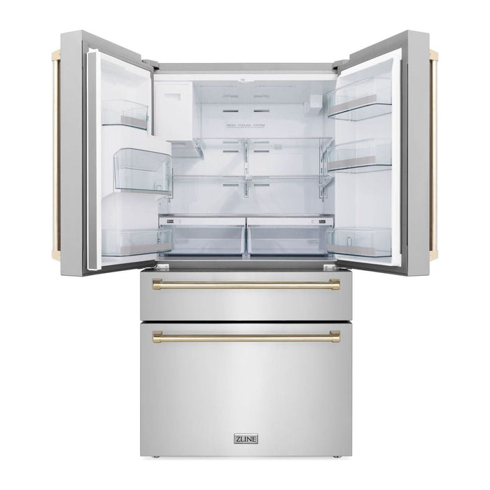 ZLINE Autograph Gold Package - 36 in. Rangetop, 36 in. Range Hood, Dishwasher, Refrigerator with External Water and Ice Dispenser, Microwave Drawer