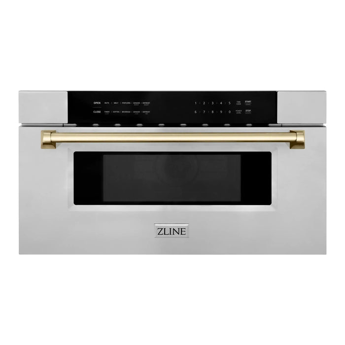 ZLINE Autograph Gold Package - 36 in. Rangetop, 36 in. Range Hood, Dishwasher, Refrigerator with External Water and Ice Dispenser, Microwave Drawer