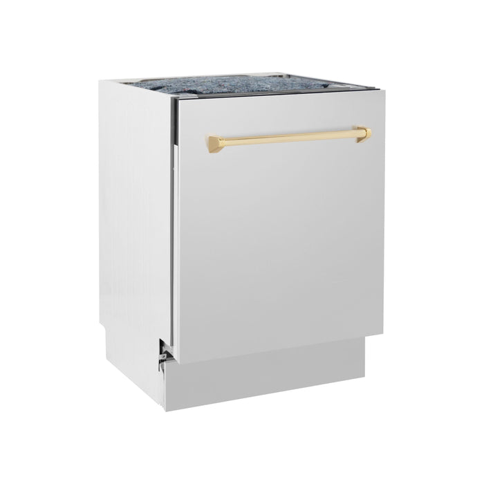 ZLINE Autograph Gold Package - 36 in. Rangetop, 36 in. Range Hood, Dishwasher, Refrigerator with External Water and Ice Dispenser, Microwave Oven