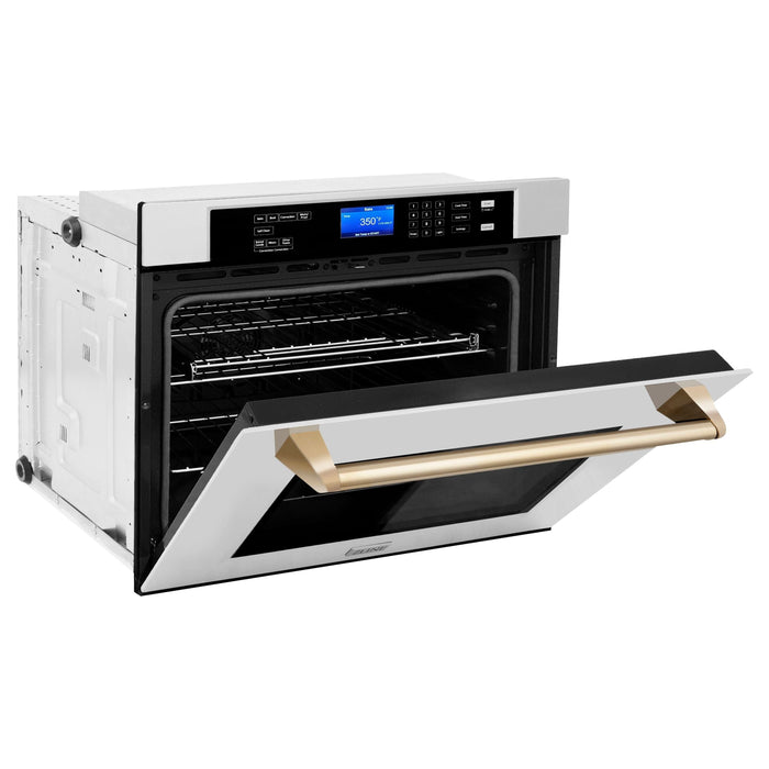 ZLINE Autograph Gold Package - 36 in. Rangetop, 36 in. Range Hood, Dishwasher, Refrigerator with External Water and Ice Dispenser, Microwave Oven, Wall Oven