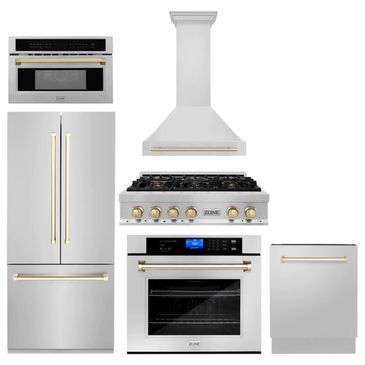 ZLINE Autograph Gold Package - 36 in. Rangetop, 36" Range Hood, Dishwasher, Built-In Refrigerator, Microwave Oven, Wall Oven