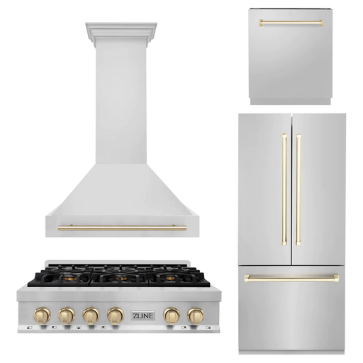 ZLINE Kitchen Appliance Packages ZLINE Autograph Gold Package - 36" Rangetop, 36" Range Hood, Dishwasher, Built-In Refrigerator