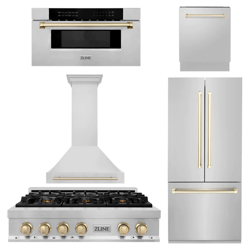 ZLINE Kitchen Appliance Packages ZLINE Autograph Gold Package - 36" Rangetop, 36" Range Hood, Dishwasher, Built-In Refrigerator, Microwave Drawer