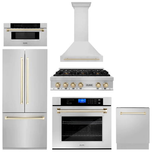 ZLINE Kitchen Appliance Packages ZLINE Autograph Gold Package - 36" Rangetop, 36" Range Hood, Dishwasher, Built-In Refrigerator, Microwave Drawer, Wall Oven