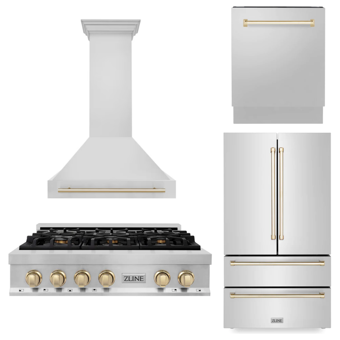 ZLINE Autograph Gold Package - 36" Rangetop, 36" Range Hood, Dishwasher, Refrigerator