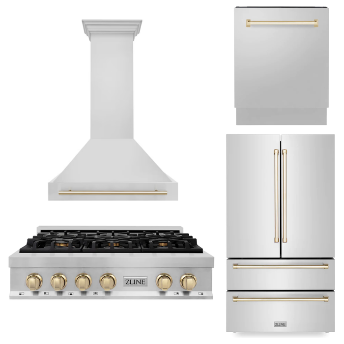ZLINE Kitchen Appliance Packages ZLINE Autograph Gold Package - 36" Rangetop, 36" Range Hood, Dishwasher, Refrigerator