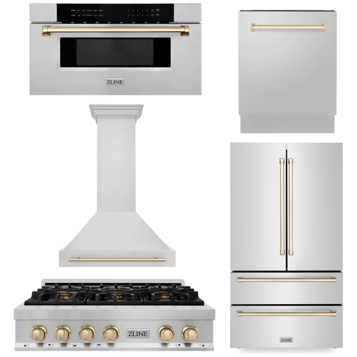 ZLINE Kitchen Appliance Packages ZLINE Autograph Gold Package - 36" Rangetop, 36" Range Hood, Dishwasher, Refrigerator, Microwave Drawer