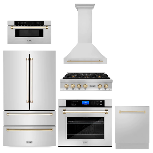 ZLINE Kitchen Appliance Packages ZLINE Autograph Gold Package - 36" Rangetop, 36" Range Hood, Dishwasher, Refrigerator, Microwave Drawer, Wall Oven