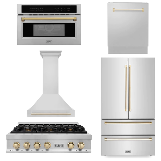 ZLINE Kitchen Appliance Packages ZLINE Autograph Gold Package - 36" Rangetop, 36" Range Hood, Dishwasher, Refrigerator, Microwave Oven