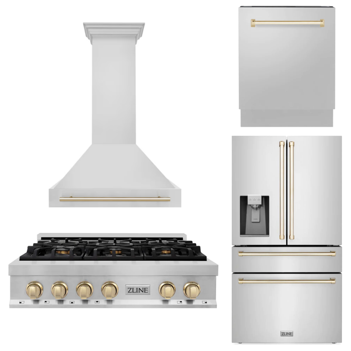 ZLINE Kitchen Appliance Packages ZLINE Autograph Gold Package - 36" Rangetop, 36" Range Hood, Dishwasher, Refrigerator with External Water and Ice Dispenser