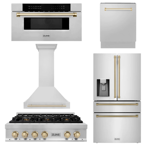 ZLINE Kitchen Appliance Packages ZLINE Autograph Gold Package - 36" Rangetop, 36" Range Hood, Dishwasher, Refrigerator with External Water and Ice Dispenser, Microwave Drawer