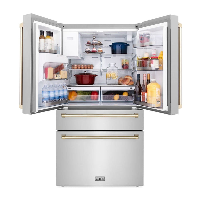 ZLINE Kitchen Appliance Packages ZLINE Autograph Gold Package - 36" Rangetop, 36" Range Hood, Dishwasher, Refrigerator with External Water and Ice Dispenser, Microwave Oven, Wall Oven