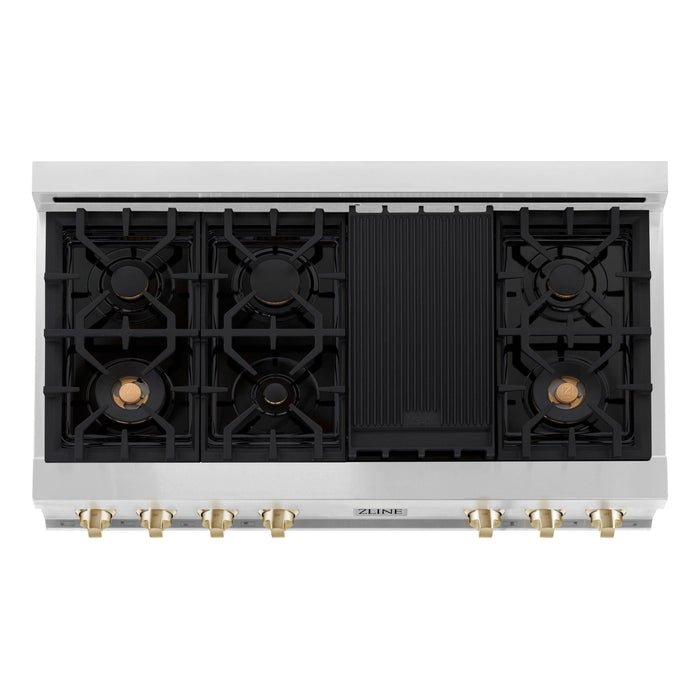 ZLINE Autograph Gold Package - 48 in. Rangetop, 48 in. Range Hood, Dishwasher, Built-In Refrigerator, Microwave Drawer