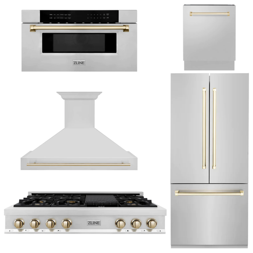 ZLINE Autograph Gold Package - 48 in. Rangetop, 48 in. Range Hood, Dishwasher, Built-In Refrigerator, Microwave Drawer