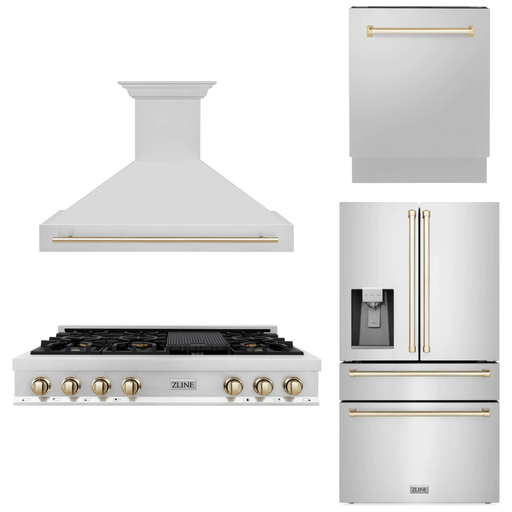 ZLINE Autograph Gold Package - 48 in. Rangetop, 48 in. Range Hood, Dishwasher, Refrigerator with External Water and Ice Dispenser