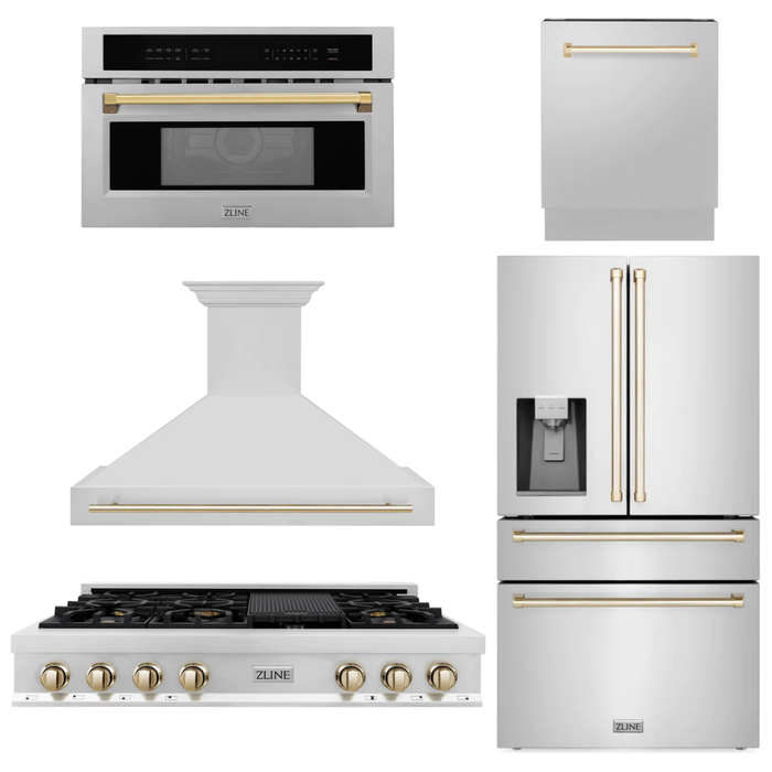 ZLINE Autograph Gold Package - 48 in. Rangetop, 48 in. Range Hood, Dishwasher, Refrigerator with External Water and Ice Dispenser, Microwave Oven