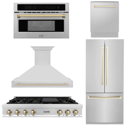 ZLINE Kitchen Appliance Packages ZLINE Autograph Gold Package - 48" Rangetop, 48" Range Hood, Dishwasher, Built-In Refrigerator, Microwave Oven
