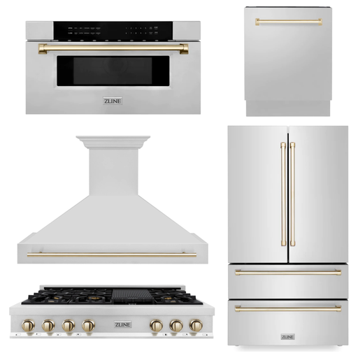 ZLINE Kitchen Appliance Packages ZLINE Autograph Gold Package - 48" Rangetop, 48" Range Hood, Dishwasher, Refrigerator, Microwave Drawer