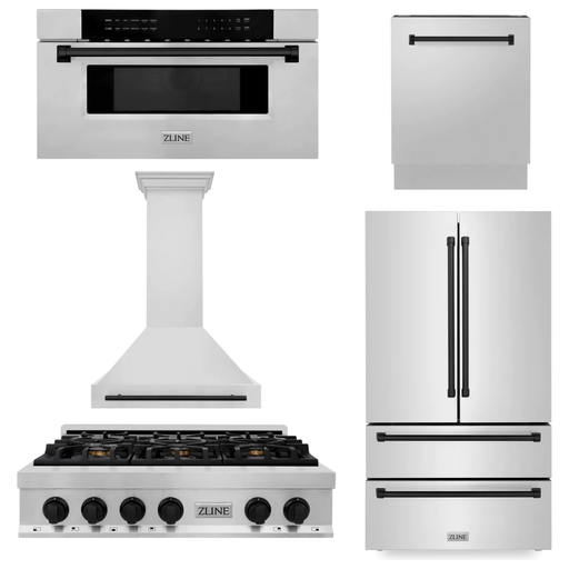 ZLINE Autograph Matte Black Package - 36 in. Rangetop, 36 in. Range Hood, Dishwasher, Refrigerator, Microwave Drawer