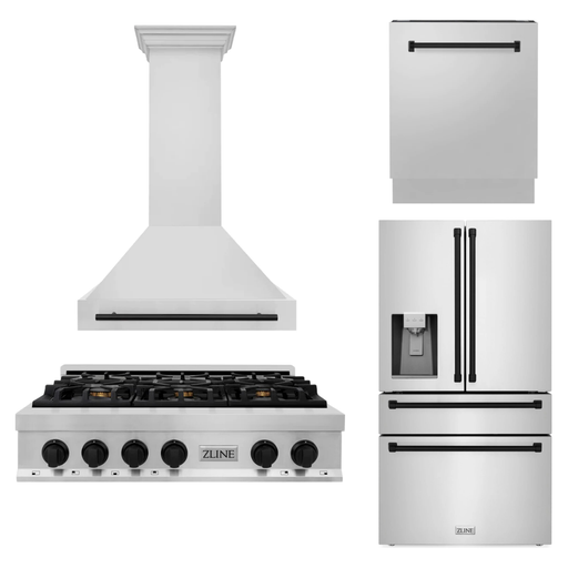 ZLINE Autograph Matte Black Package - 36 in. Rangetop, 36 in. Range Hood, Dishwasher, Refrigerator with External Water and Ice Dispenser