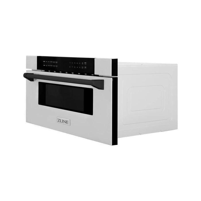 ZLINE Autograph Matte Black Package - 36 in. Rangetop, 36 in. Range Hood, Dishwasher, Refrigerator with External Water and Ice Dispenser, Microwave Drawer