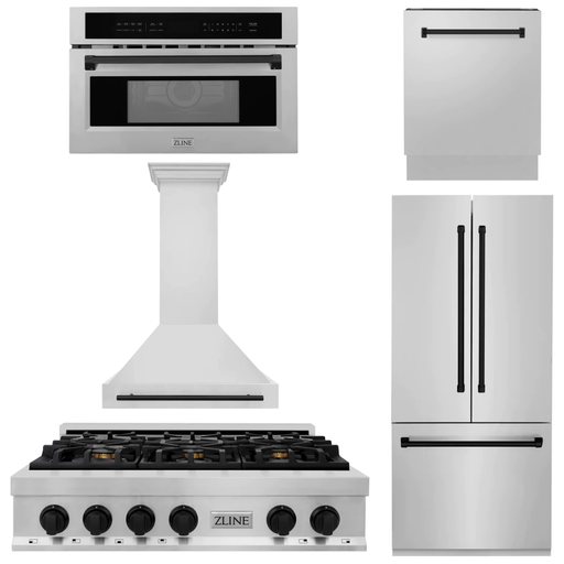 ZLINE Kitchen Appliance Packages ZLINE Autograph Matte Black Package - 36" Rangetop, 36" Range Hood, Dishwasher, Built-In Refrigerator, Microwave Oven