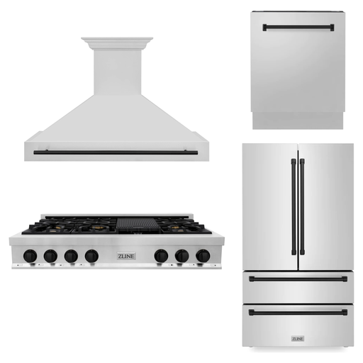 ZLINE Autograph Matte Black Package - 48 in. Rangetop, 48 in. Range Hood, Dishwasher, Refrigerator