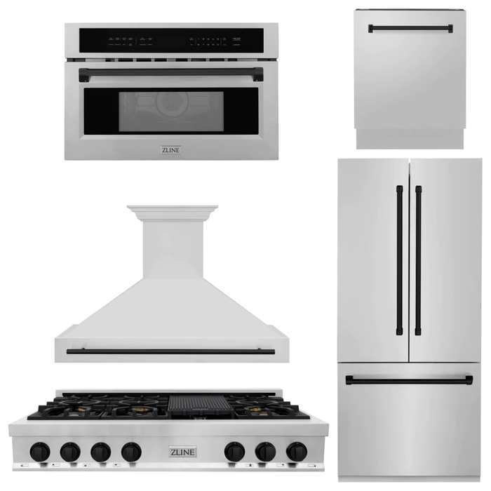 ZLINE Kitchen Appliance Packages ZLINE Autograph Matte Black Package - 48" Rangetop, 48" Range Hood, Dishwasher, Built-In Refrigerator, Microwave Oven