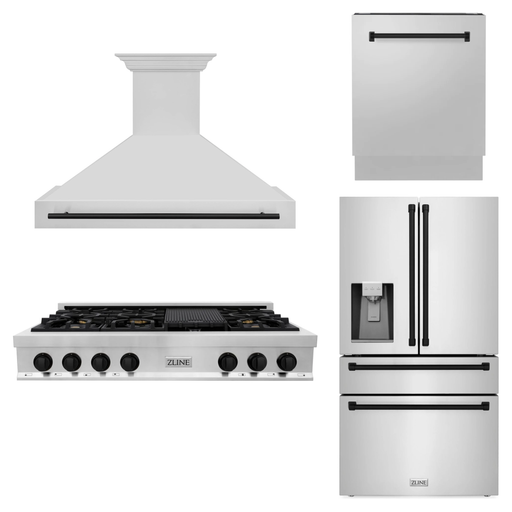 ZLINE Autograph Matte Black Package - 48" Rangetop, 48" Range Hood, Dishwasher, Refrigerator with External Water and Ice Dispenser