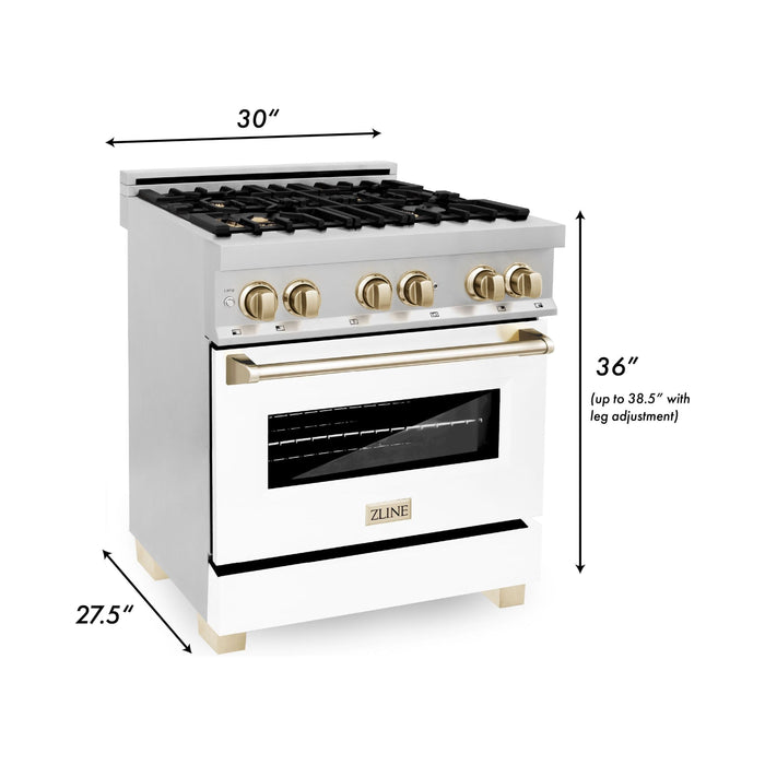 ZLINE Kitchen Appliance Packages ZLINE Autograph Package - 30 In. Dual Fuel Range and Range Hood in Stainless Steel with White Matte Door and Gold Accents, 2AKP-RAWMRH30-G