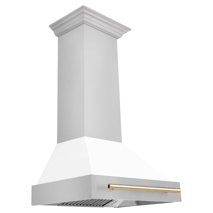 ZLINE Autograph Package - 30 In. Dual Fuel Range and Range Hood in Stainless Steel with White Matte Door and Gold Accents, 2AKP-RAWMRH30-G