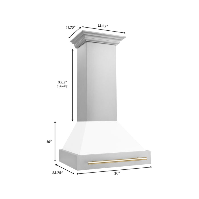 ZLINE Autograph Package - 30 In. Dual Fuel Range and Range Hood in Stainless Steel with White Matte Door and Gold Accents, 2AKP-RAWMRH30-G