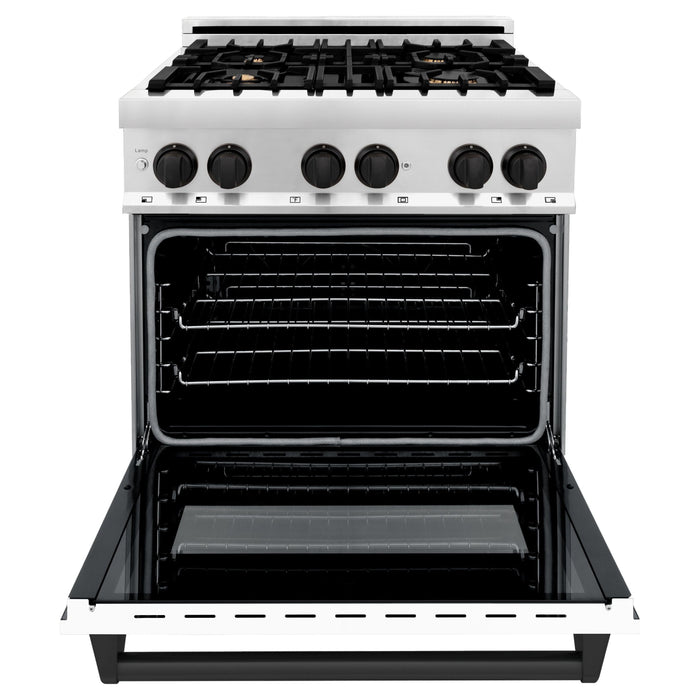 ZLINE Kitchen Appliance Packages ZLINE Autograph Package - 30 In. Dual Fuel Range and Range Hood in Stainless Steel with White Matte Door and Matte Black Accents, 2AKP-RAWMRH30-MB